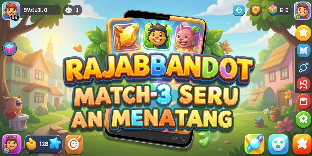 Screenshot utama RAJABANDOT menampilkan gameplay Match-3 dengan berbagai objek berwarna.