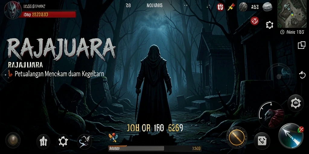 Tampilan gameplay menegangkan RAJAJUARA yang dipenuhi kegelapan dan misteri.