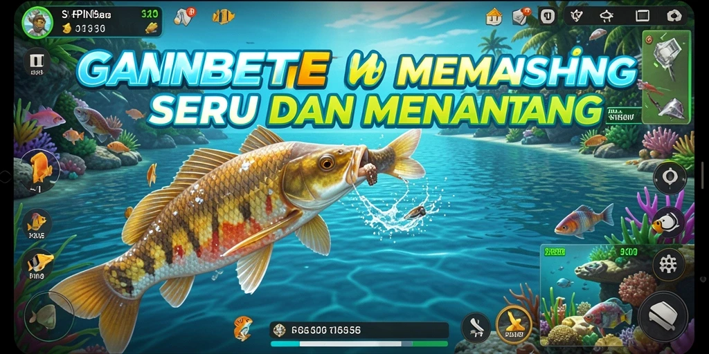 Tampilan utama SPINBET menunjukkan pemain sedang memancing di danau yang indah.